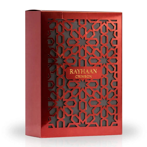 Rayhaan Crimson Eau de Parfum spray 100ml bottle, showcasing elegant red packaging and sleek design.