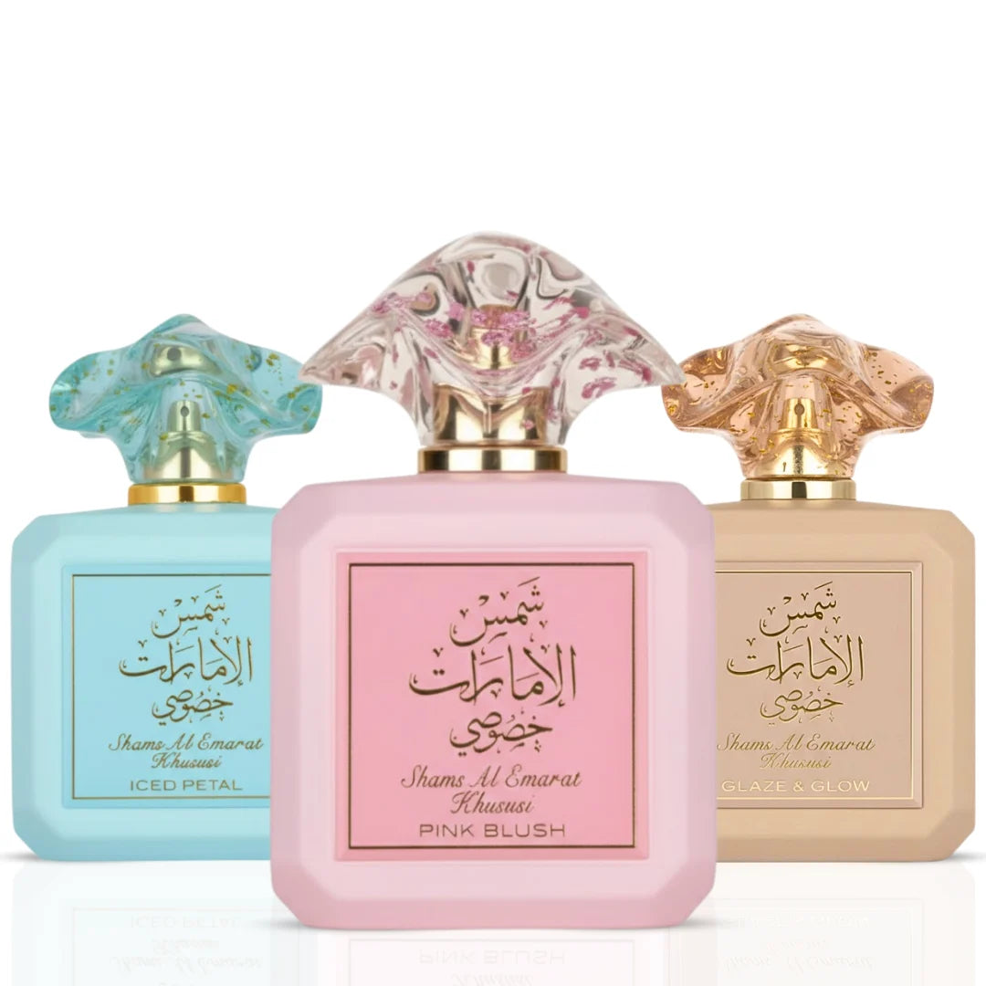 Shams Al Emarat Khususi Pink Blush, Glaze & Glow & Iced Petal Eau de Parfum Sprays 100ml (3.4 oz) by Ard Al Zaafaran (Bundle) - Intense Oud