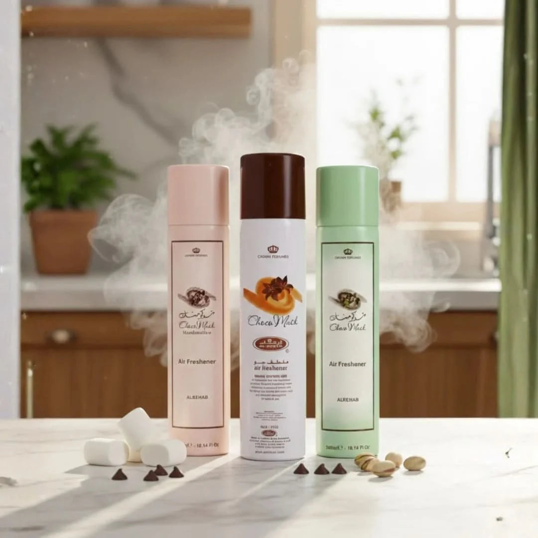 Al Rehab Choco Musk air freshener bundle including marshmallow and pistachio scents in 300ml bottles, featuring colorful packaging.