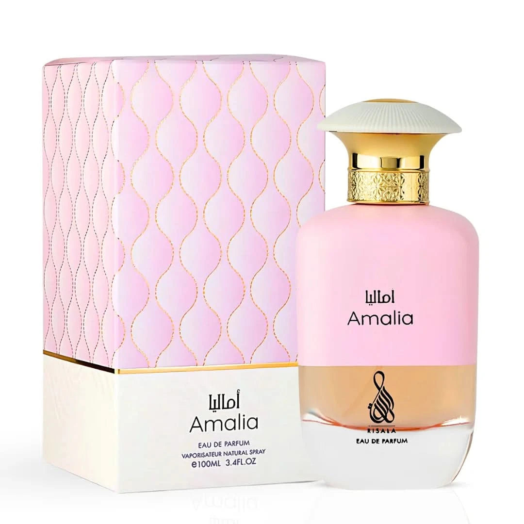 Risala Amalia Eau De Parfum spray and perfumed body spray bundle, 100ml and 200ml bottles, with elegant packaging.
