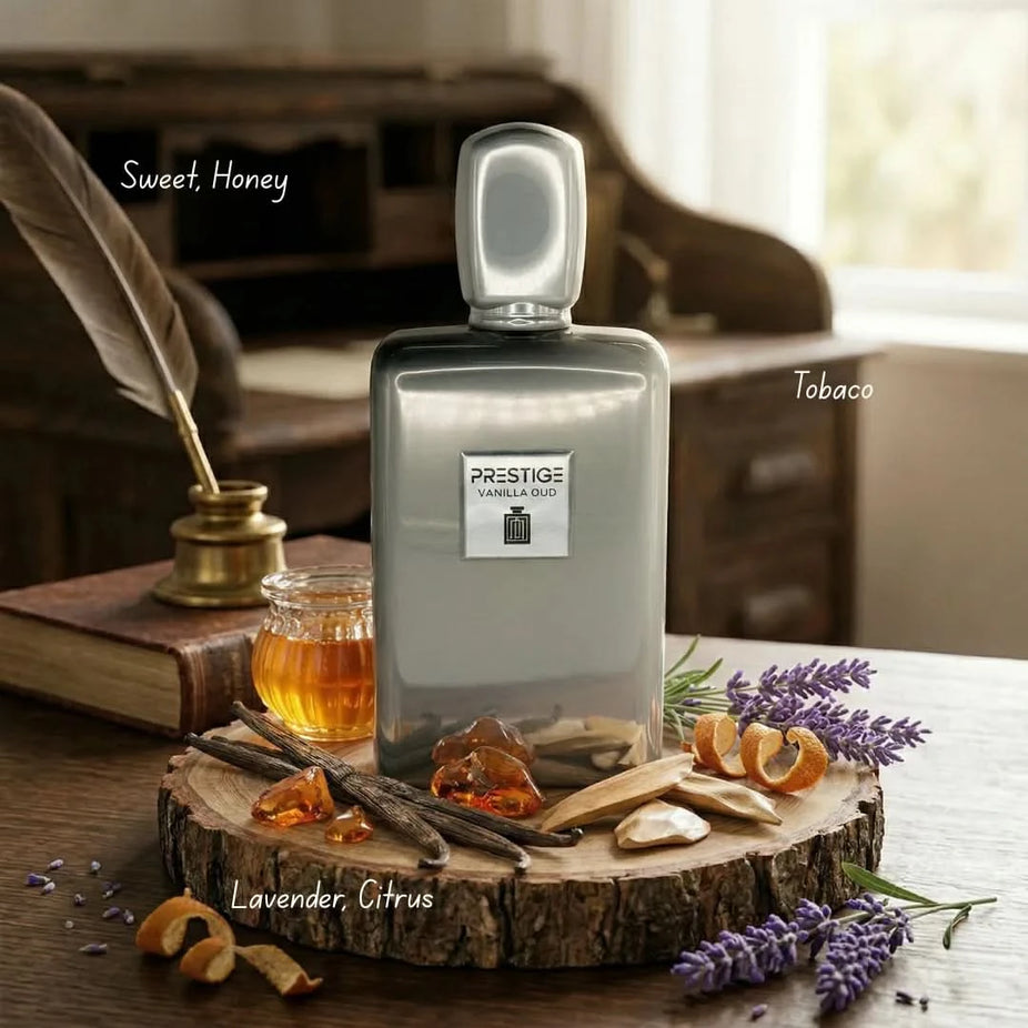 Aura by Aura Prestige Vanilla Oud Eau De Parfum spray 100ml bottle with elegant packaging and fragrance details.