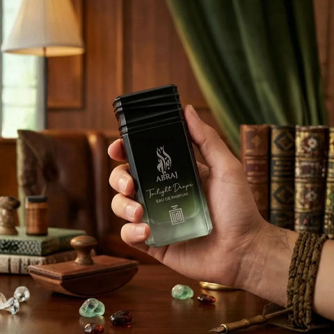 Aura Fragrances Abraj Twilight Drape Eau De Parfum spray 100ml bottle, elegant design, showcasing the fragrance packaging.