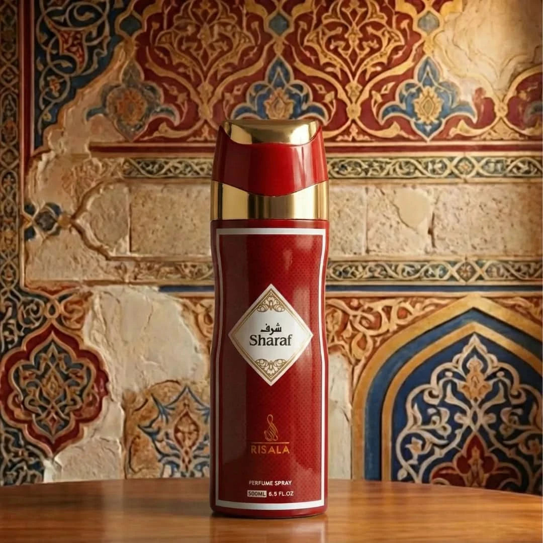 Risala Sharaf Perfumed Body Spray 200ml deodorant with floral and woody scent, shown in a sleek spray bottle.