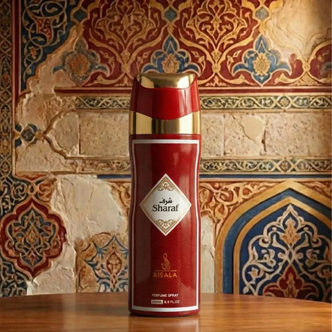 Risala Sharaf Perfumed Body Spray 200ml deodorant with floral and woody scent, shown in a sleek spray bottle.