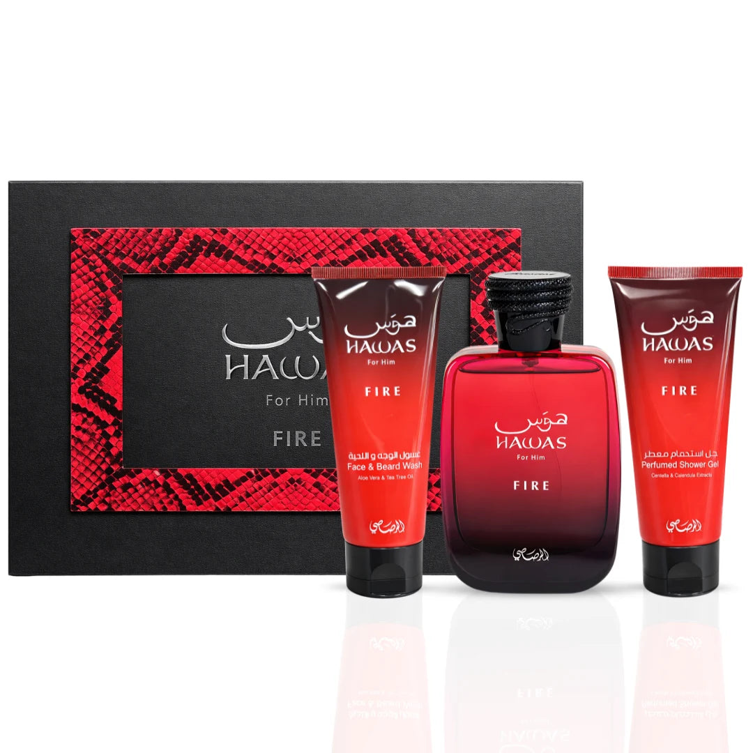 Hawas Fire 3-piece perfume gift set by Rasasi, featuring elegant bottles with intricate designs and luxurious packaging.