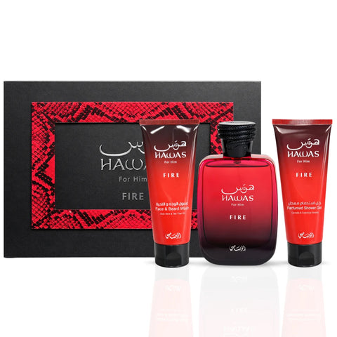 Hawas Fire 3-piece perfume gift set by Rasasi, featuring elegant bottles with intricate designs and luxurious packaging.