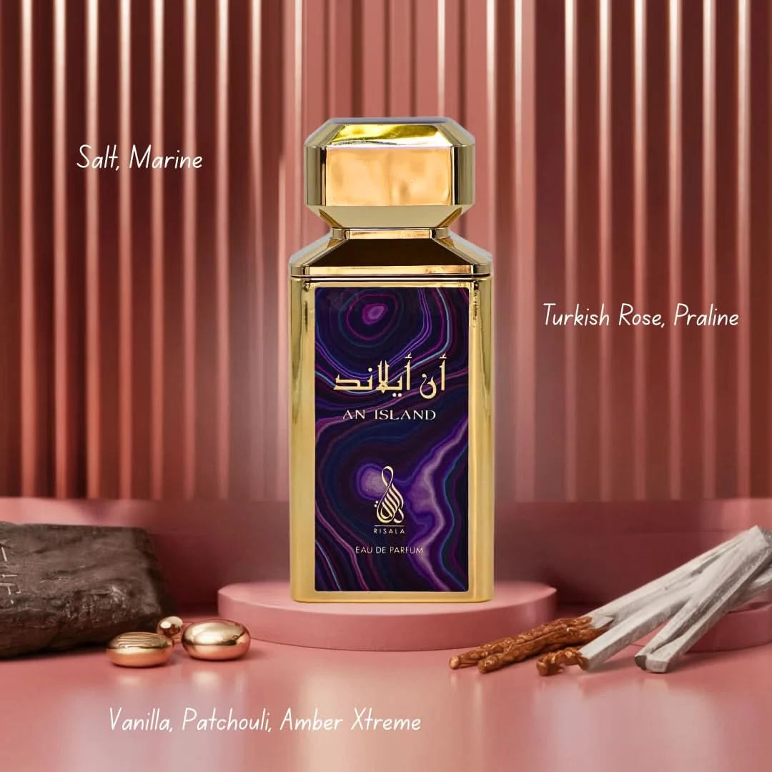 RISALA Island Eau De Parfum spray and perfumed body spray bundle, 100ml and 200ml bottles, elegant fragrance packaging.