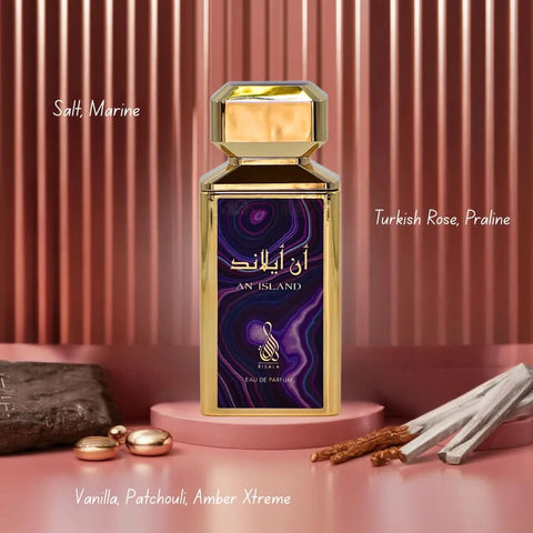 RISALA Island Eau De Parfum spray and perfumed body spray bundle, 100ml and 200ml bottles, elegant fragrance packaging.