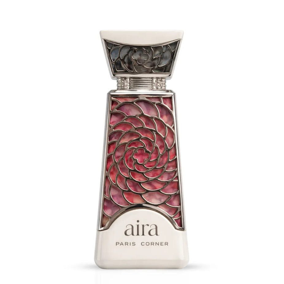 Aira Eau De Parfum Spray by Paris Corner, 100ml (3.4 oz), elegant glass bottle with a sleek design and fragrance sprayer.