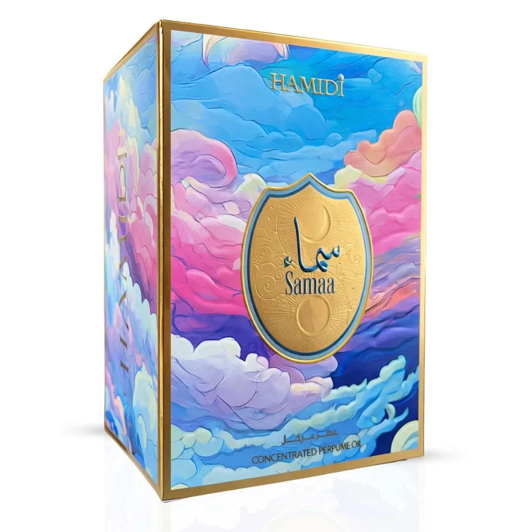 Hamidi Samaa Concentrated Perfume Oil 20ml bottle, featuring elegant packaging with a dark glass container and gold accents.