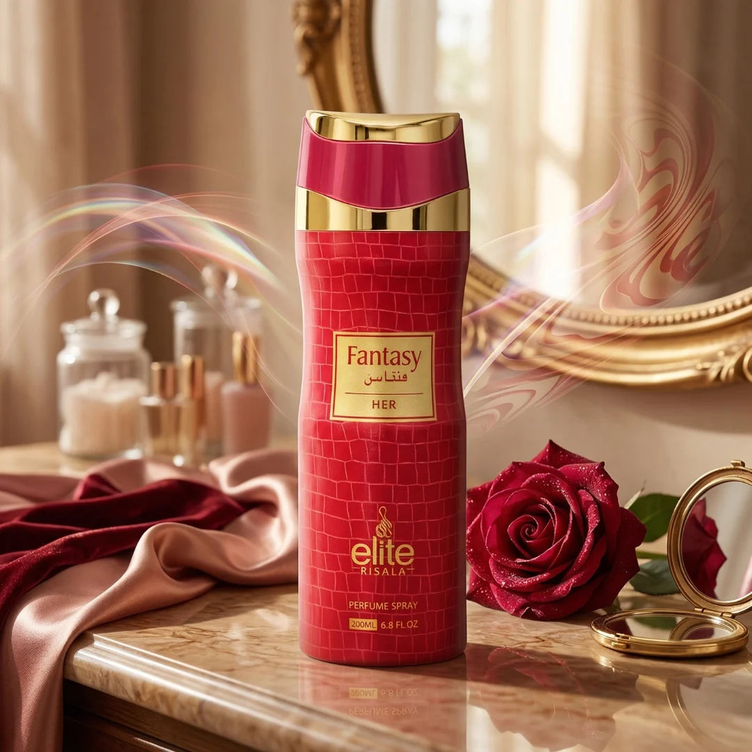 Elite Risala Fantasy For Her perfumed body spray 200ml deodorant, featuring floral and fruity notes in a sleek bottle.