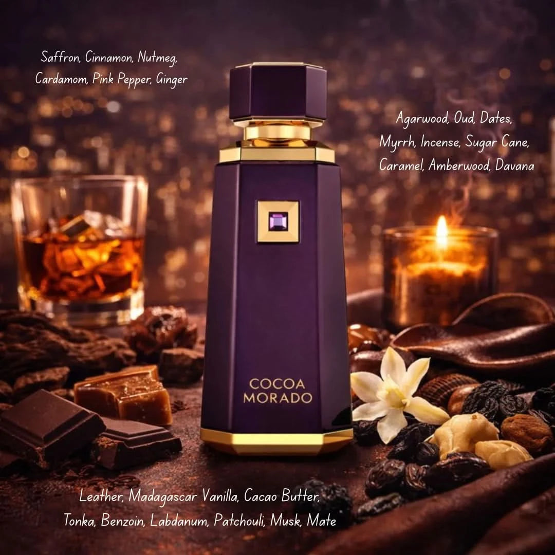 French Avenue Cocoa Morado Extrait de Parfum Spray 100ml, elegant dark bottle with gold accents, showcasing luxurious fragrance packaging.