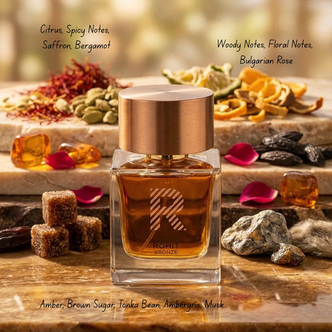 Rohit Bronze Eau de Parfum spray in 100ml bottle by Bharara, featuring a sleek bronze-colored design and elegant packaging.