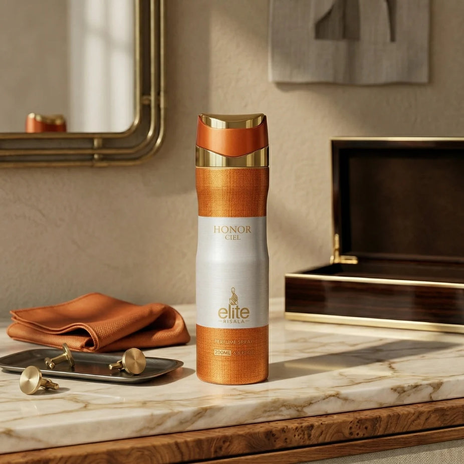 Honor Ciel Body Spray by Elite Risala, 200ml deodorant bottle with elegant design and silver cap.