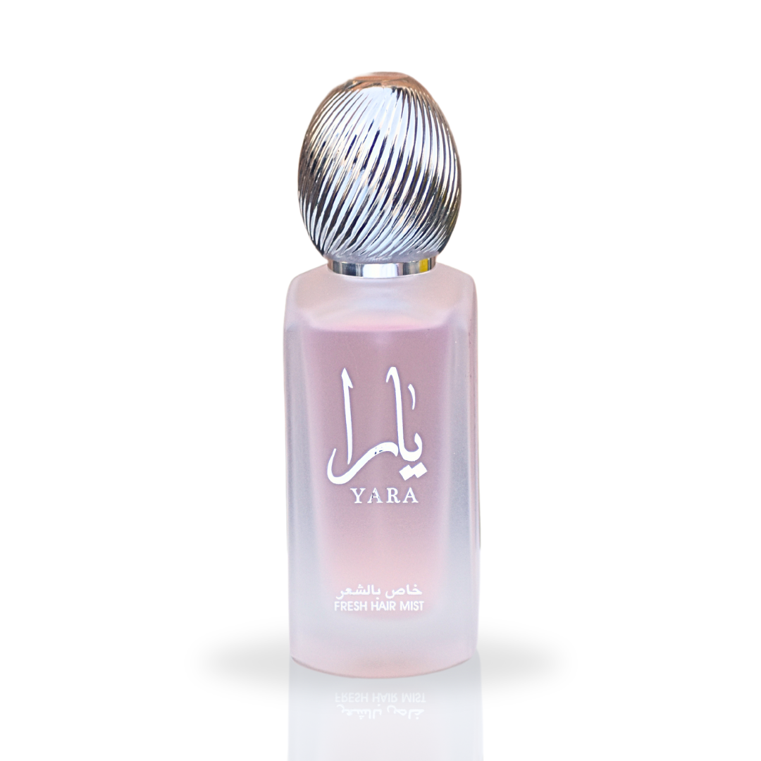 Lattafa Yara Fresh Hair Mist 50ml spray bottle with velvet pouch, featuring a sleek design and floral accents.