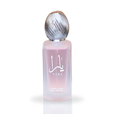 Lattafa Yara Fresh Hair Mist 50ml spray bottle with velvet pouch, featuring a sleek design and floral accents.