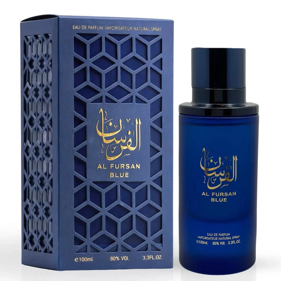 Al Fursan Blue Eau De Parfum spray by Aura Fragrances, 100ml bottle, featuring sleek packaging and a blue fragrance design.