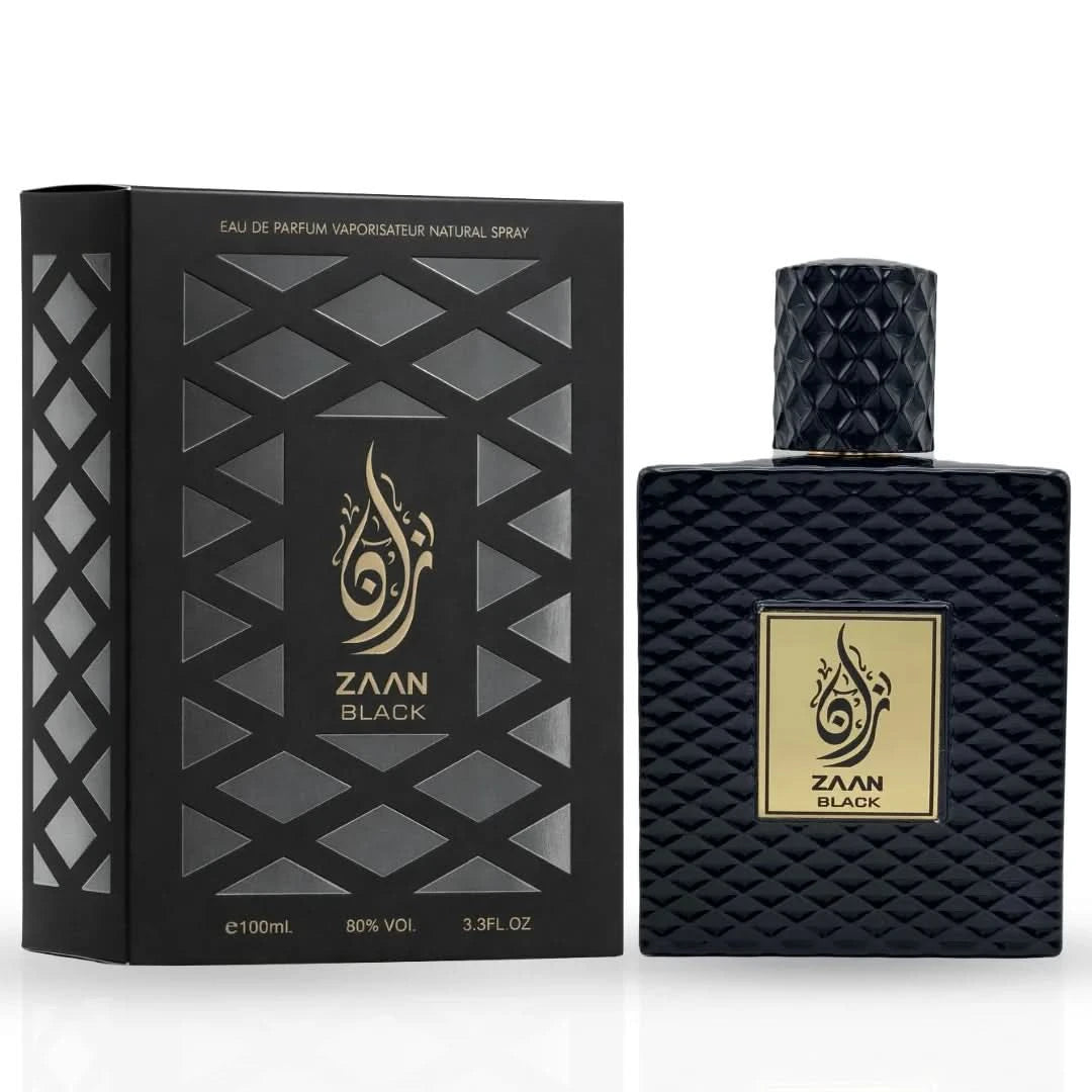 Aura Fragrances Zaan Black collection with Forest and Blue Eau De Parfum sprays in 100ml bottles, by Intense Oud.