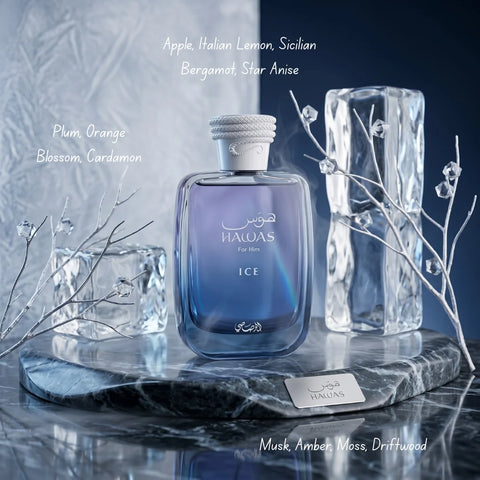 Rasasi Hawas Ice 2-piece perfume travel gift set with bottles and packaging, ideal for gifting or on-the-go fragrance.