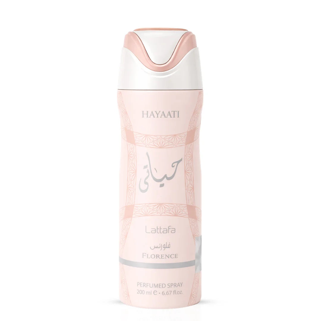 Hayaati Florence deodorant bottle by Lattafa, 200ml, with elegant packaging and floral design visible on the label.
