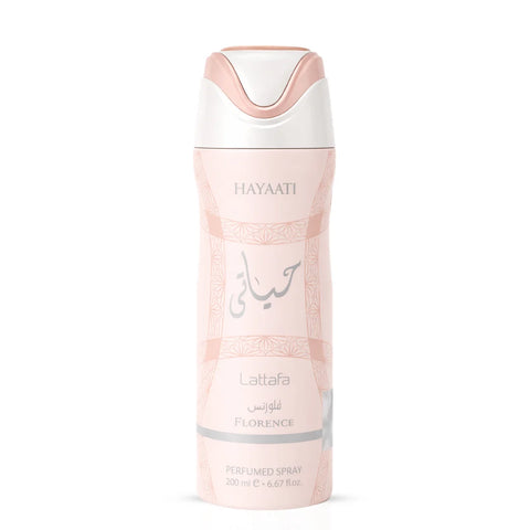Hayaati Florence deodorant bottle by Lattafa, 200ml, with elegant packaging and floral design visible on the label.