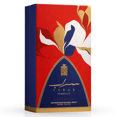 Sarab Vermello Eau De Parfum spray by Aura Fragrances, 100ml bottle, with elegant packaging and floral fragrance details.