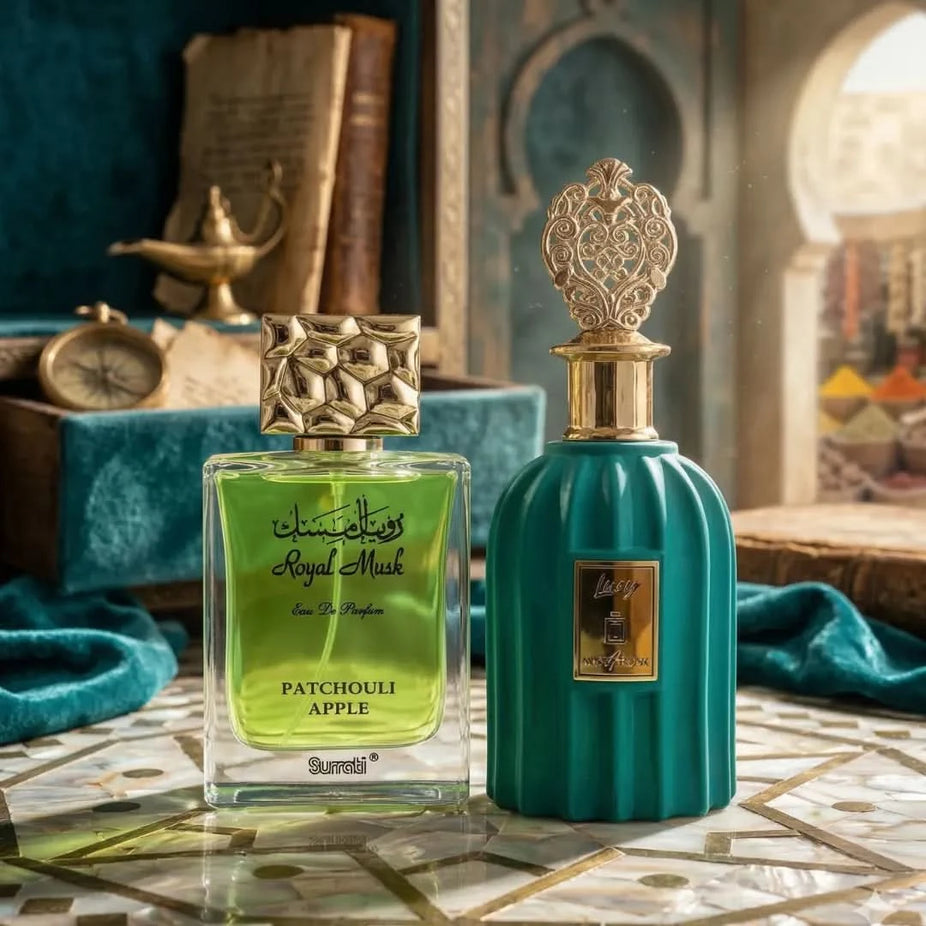 Intense Oud bundle with Royal Musk Patchouli Apple and Aura Art Lucy Eau de Parfum sprays, 100ml each, featuring luxurious fragrance bottles.