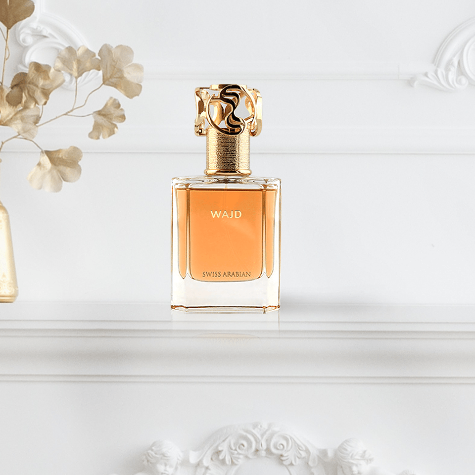 Swiss Arabian Wajd EDP Eau De Parfum 50ml in velvet pouch, elegant bottle with floral and woody fragrance notes.