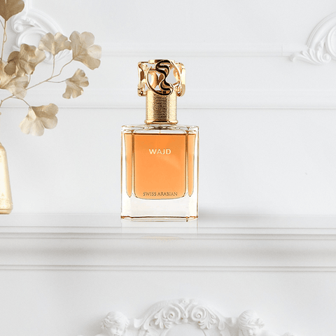 Swiss Arabian Wajd EDP Eau De Parfum 50ml in velvet pouch, elegant bottle with floral and woody fragrance notes.