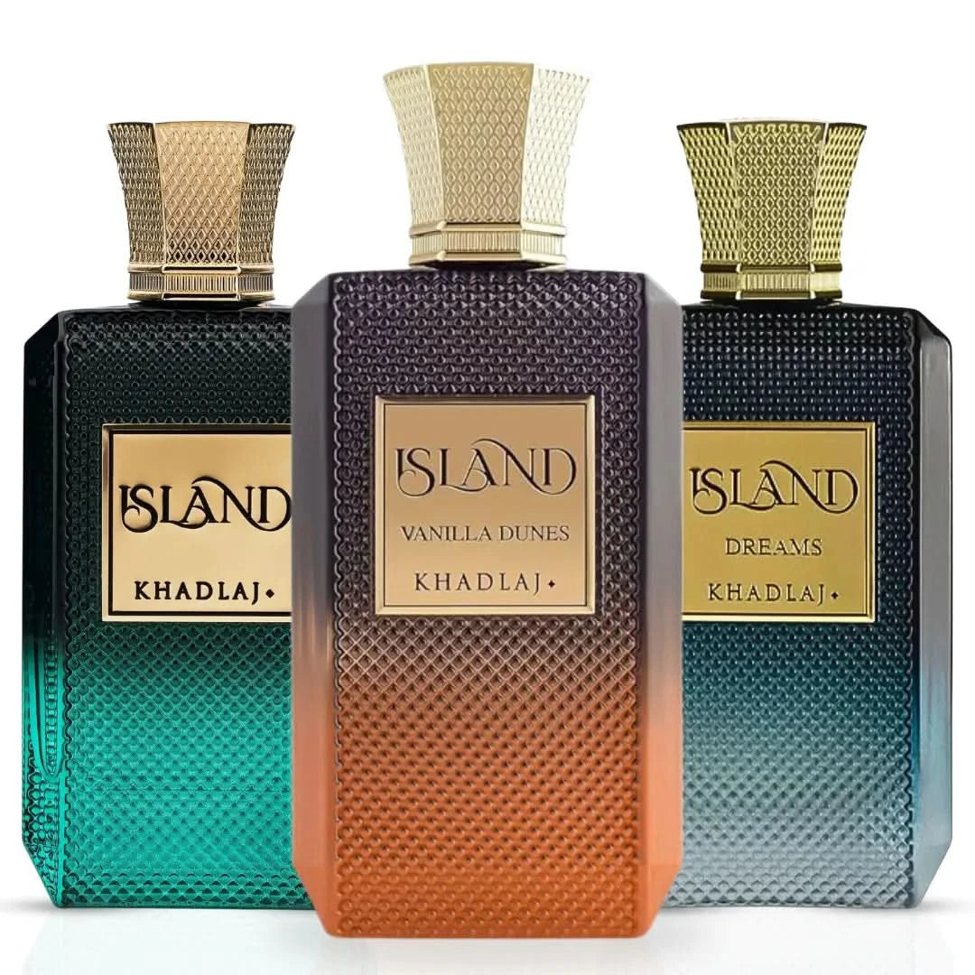 Khadlaj Island Dreams and Vanilla Dunes Eau de Parfum spray bundle, 100ml each, featuring tropical and vanilla scent bottles.