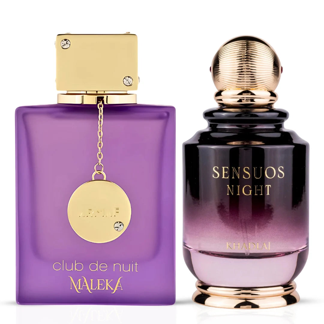 Bundle of Intense Oud Sensuos Night and Club De Nuit Maleka Eau de Parfum sprays, featuring luxurious fragrances in 100ml and 105ml bottles.