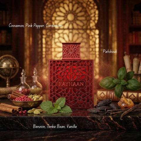 Rayhaan Crimson Eau de Parfum Spray 100ml bottle with red and gold design, showcasing elegant perfume packaging.