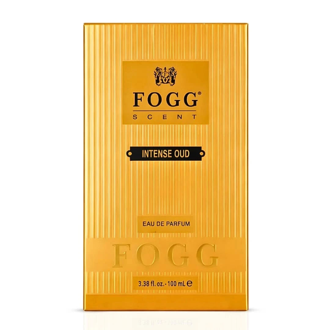 Fogg Intense Oud for Men Eau de Parfum spray bottle, 100ml, with dark amber and gold packaging, displayed on a neutral background.