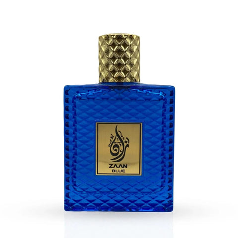 Aura Fragrances Zaan Blue Eau De Parfum spray in 100ml bottle, featuring a sleek design and vibrant blue liquid.