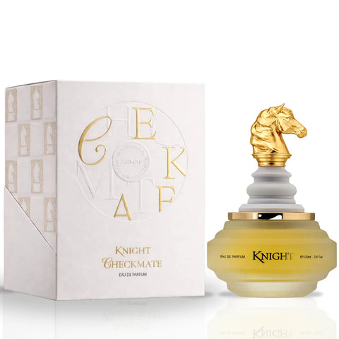 Bundle of Armaf Checkmate White Knight & King Eau de Parfum sprays, featuring elegant bottles with white and gold accents.