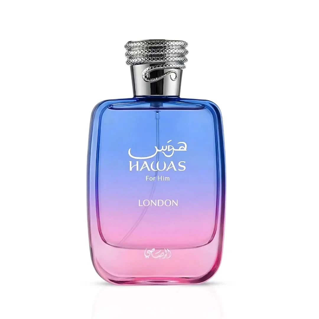 Rasasi Hawas London Eau De Parfum spray 100ml bottle, sleek design, elegant fragrance packaging.