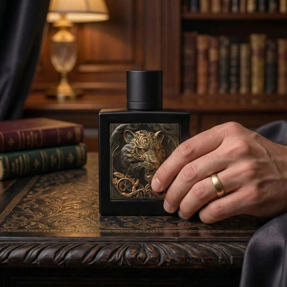 Rayhaan Tiger Eau de Parfum spray 100ml display with sleek bottle design and elegant branding.