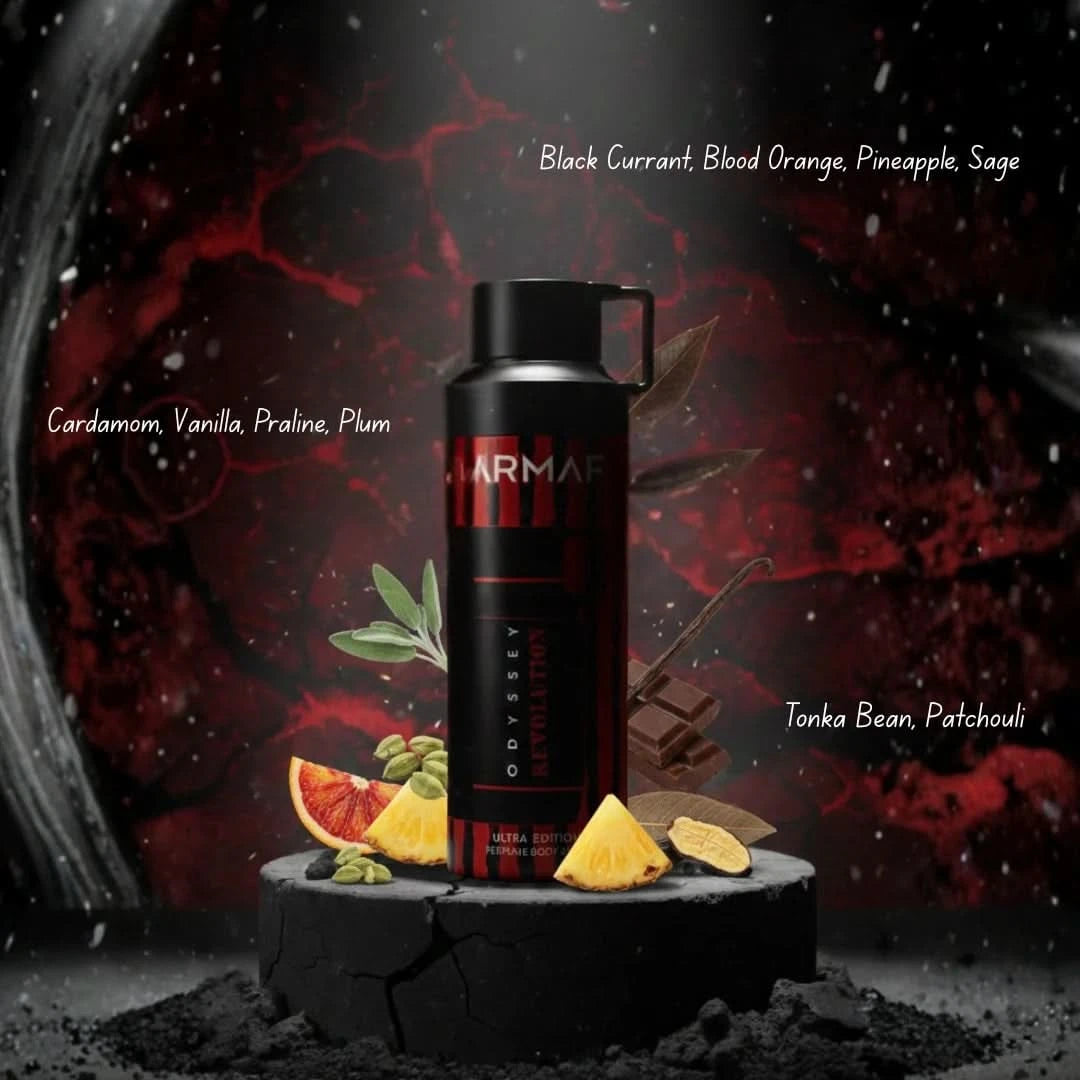 Odyssey Revolution Ultra perfumed body spray by Armaf in 200ml bottle, featuring sleek design and modern packaging.