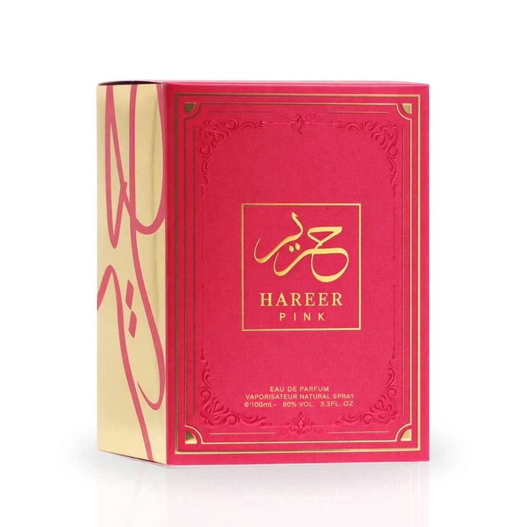 Aura Fragrances Hareer Pink Eau De Parfum spray 100ml bottle, elegant pink packaging and floral fragrance design.