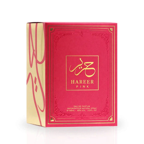 Aura Fragrances Hareer Pink Eau De Parfum spray 100ml bottle, elegant pink packaging and floral fragrance design.
