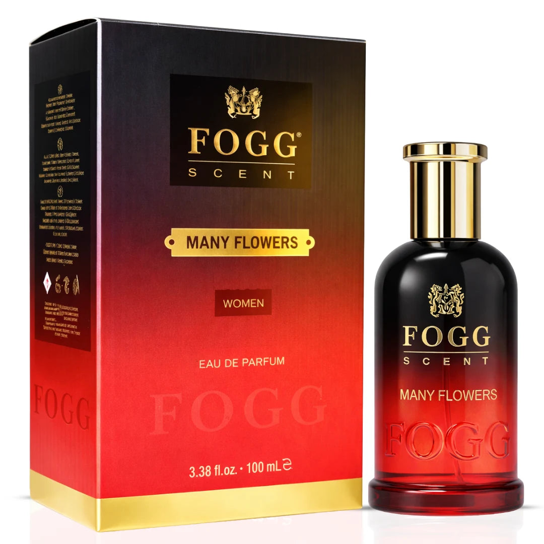 Fogg Many Flowers women’s Eau de Parfum spray 100ml bottle with floral design and clear glass packaging.