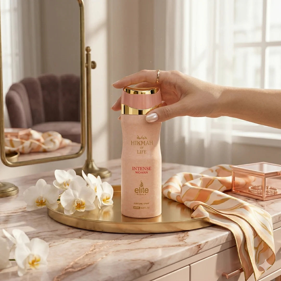 Hikmah of Life Intense Women Body Spray by RISALA, 200ml deodorant bottle with elegant design and floral accents.