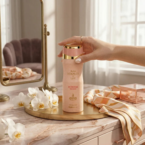 Hikmah of Life Intense Women Body Spray by RISALA, 200ml deodorant bottle with elegant design and floral accents.