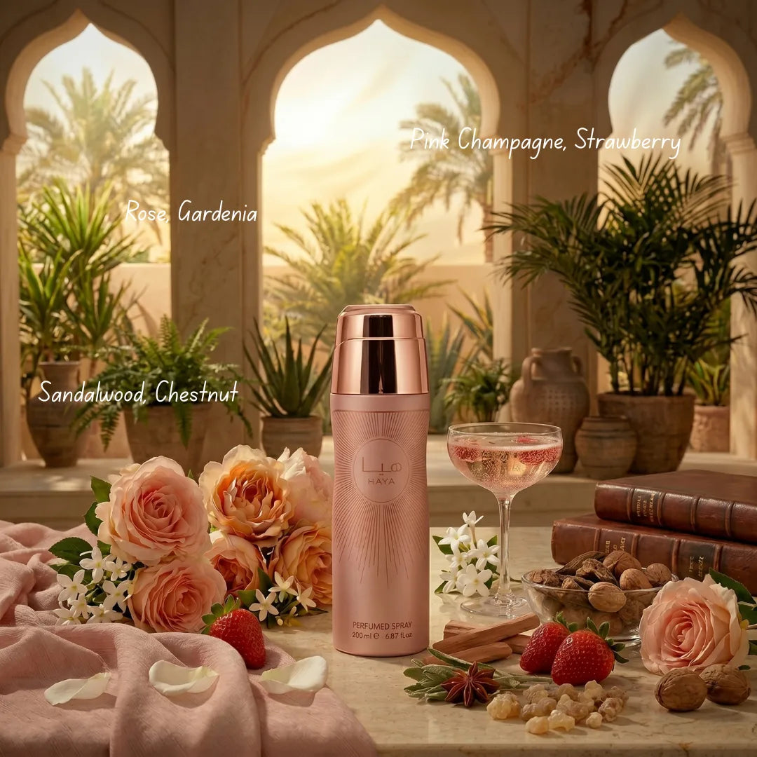 Lattafa Haya Body Spray 200ml deodorant bottle with sleek design, showcased in a clear image.