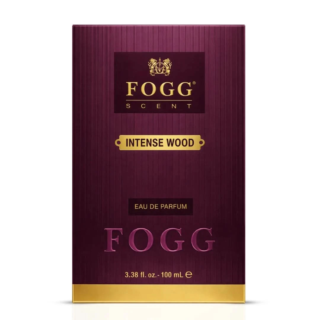 Fogg Intense Wood Eau de Parfum spray for men, 100ml bottle, featuring a sleek design and woody fragrance.
