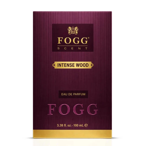 Fogg Intense Wood Eau de Parfum spray for men, 100ml bottle, featuring a sleek design and woody fragrance.