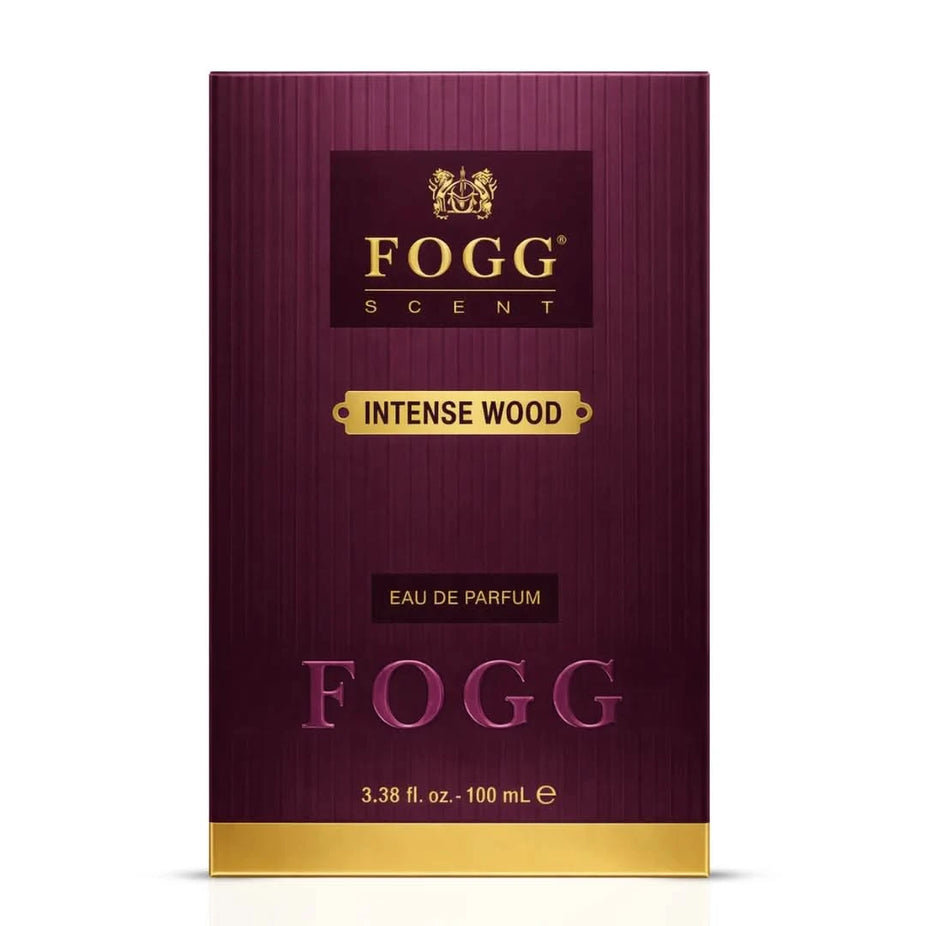 Fogg Intense Wood Eau de Parfum spray for men, 100ml bottle with dark wood and elegant packaging, showcasing the fragrance.