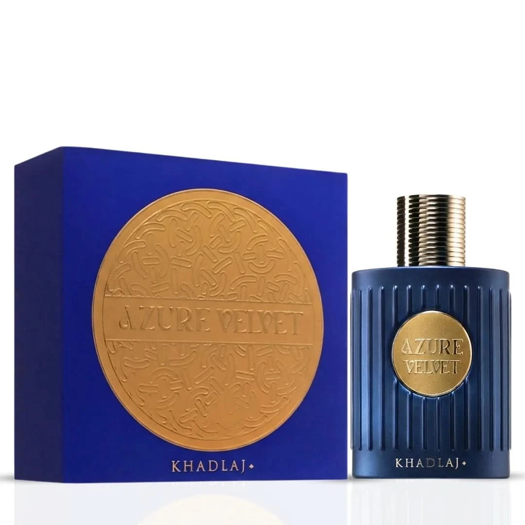 Khadlaj Azure and Cream Velvet Eau de Parfum Spray bundle, 100ml, featuring elegant glass bottles with luxurious velvet-inspired design