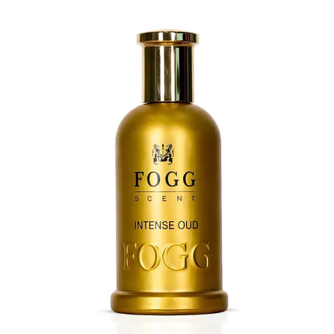 Fogg Intense Oud for Men Eau de Parfum spray, 100ml, featuring dark fragrance bottles with intricate design.