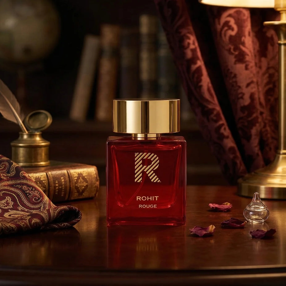 Rohit Rouge Eau de Parfum Spray by Bharara, 100ml, featuring elegant bottle and luxurious fragrance design.